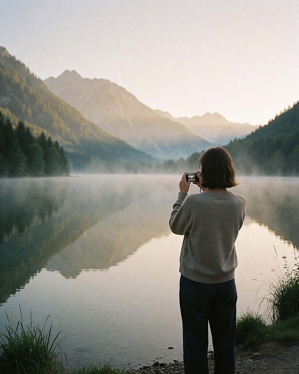 Personne photographiant un lac alpin au lever du jour, montagnes dans la brume