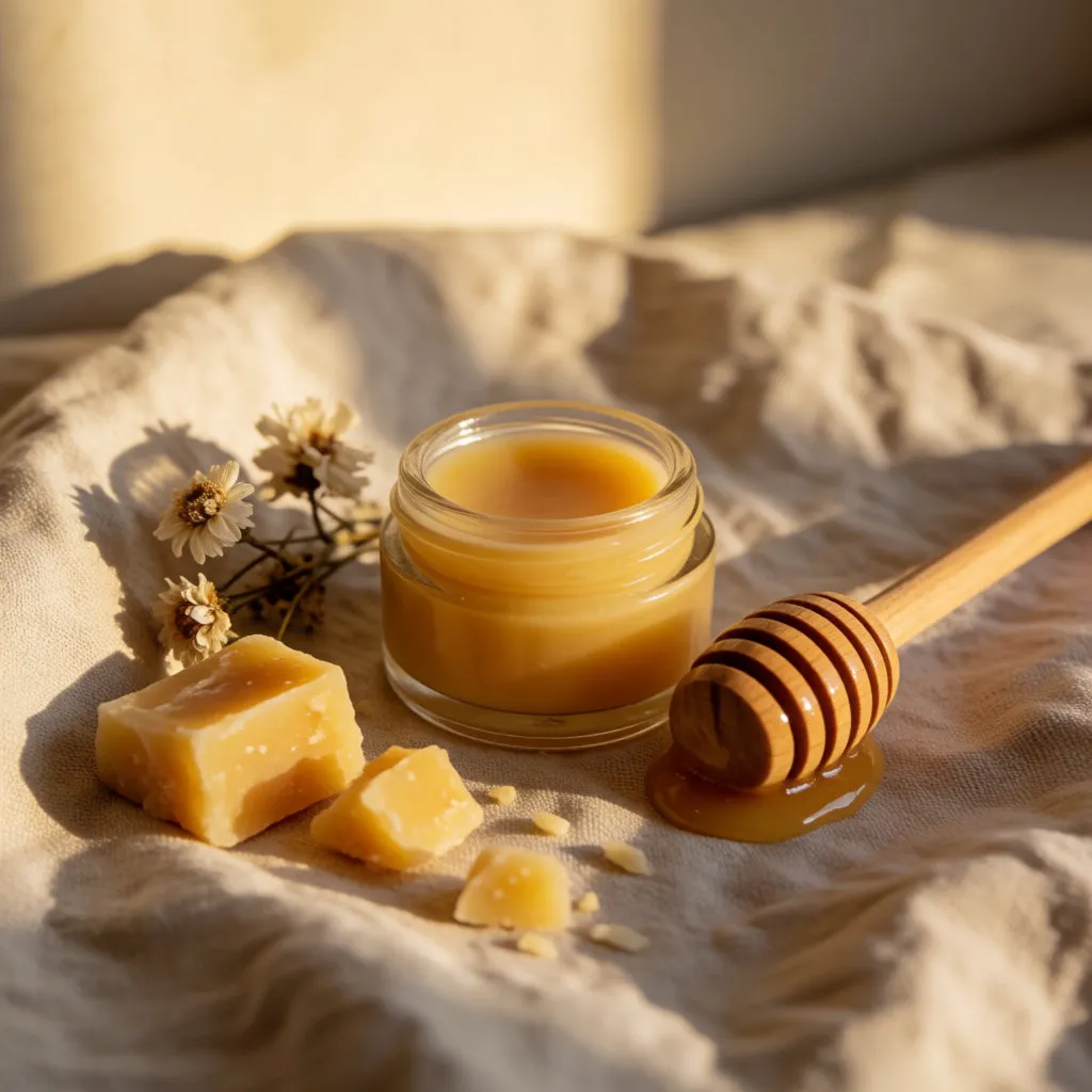 Glas mit Lippenbalsam auf Honigbasis, daneben fließender Honig und Sheabutter auf hellem Leinen