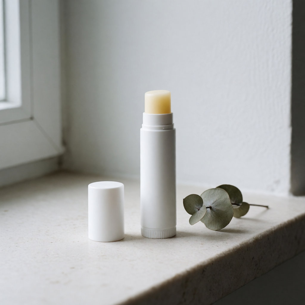 Tube blanc de baume à lèvres posé sur une pierre claire avec une branche séchée