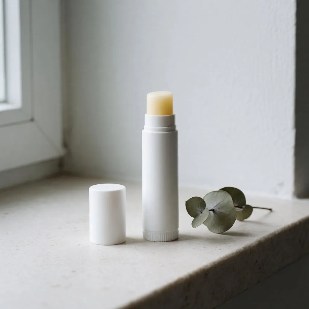Weiße Tube Lippenbalsam auf hellem Stein mit einem getrockneten Zweig