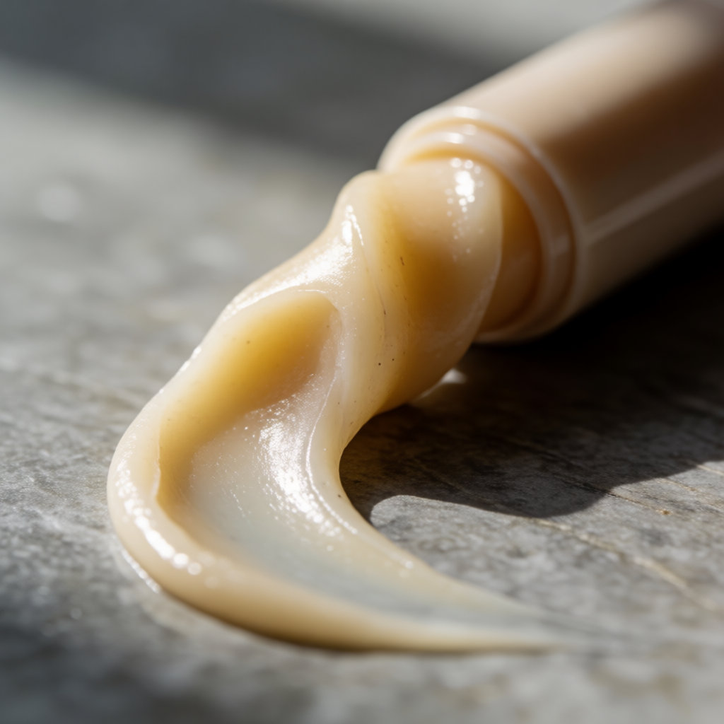 Macro d'un stick de baume à lèvres et de sa texture crème étalée sur une pierre grise