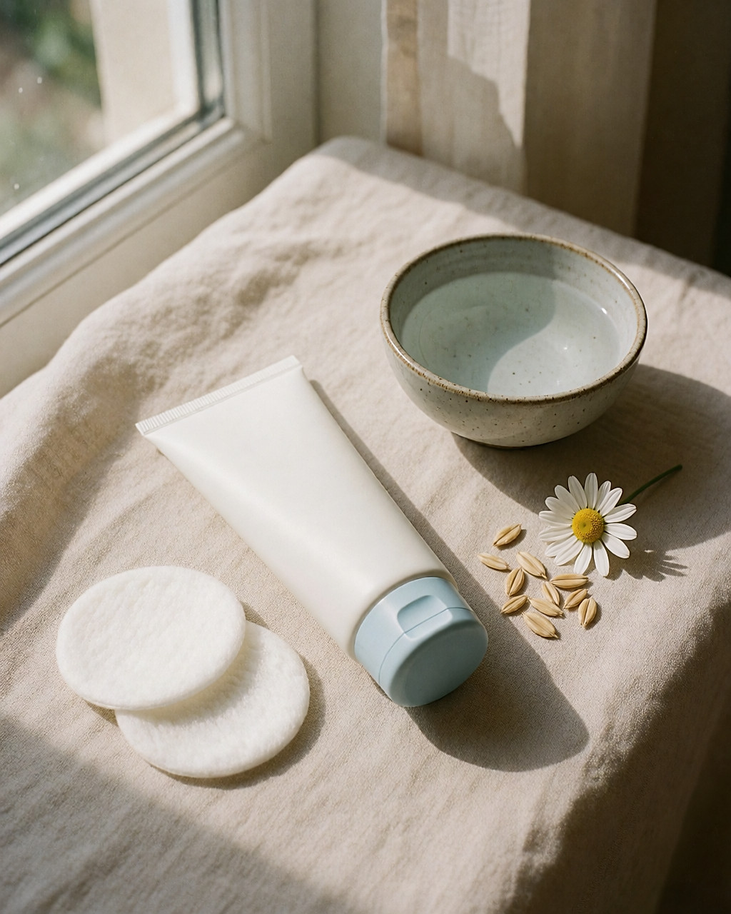 Tube blanc de masque apaisant, cotons et bol d'eau fraîche posés sur un lin beige