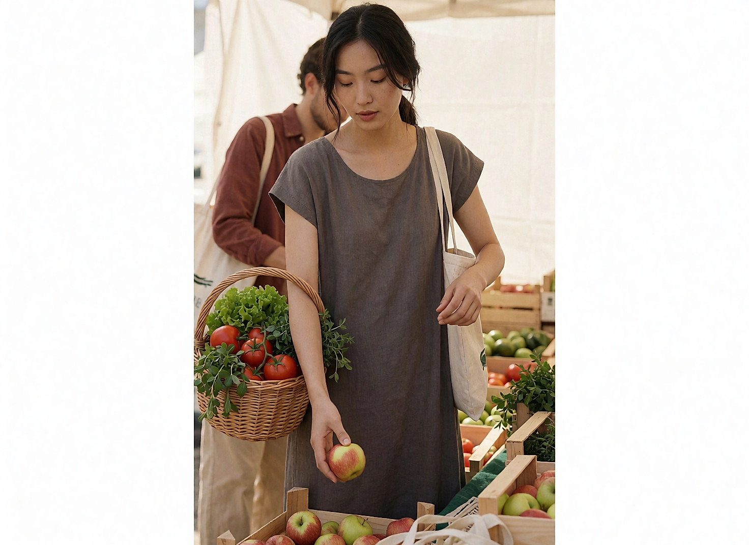 Jeune femme en robe de coton bio choisissant des pommes sur un étal de marché, panier au bras