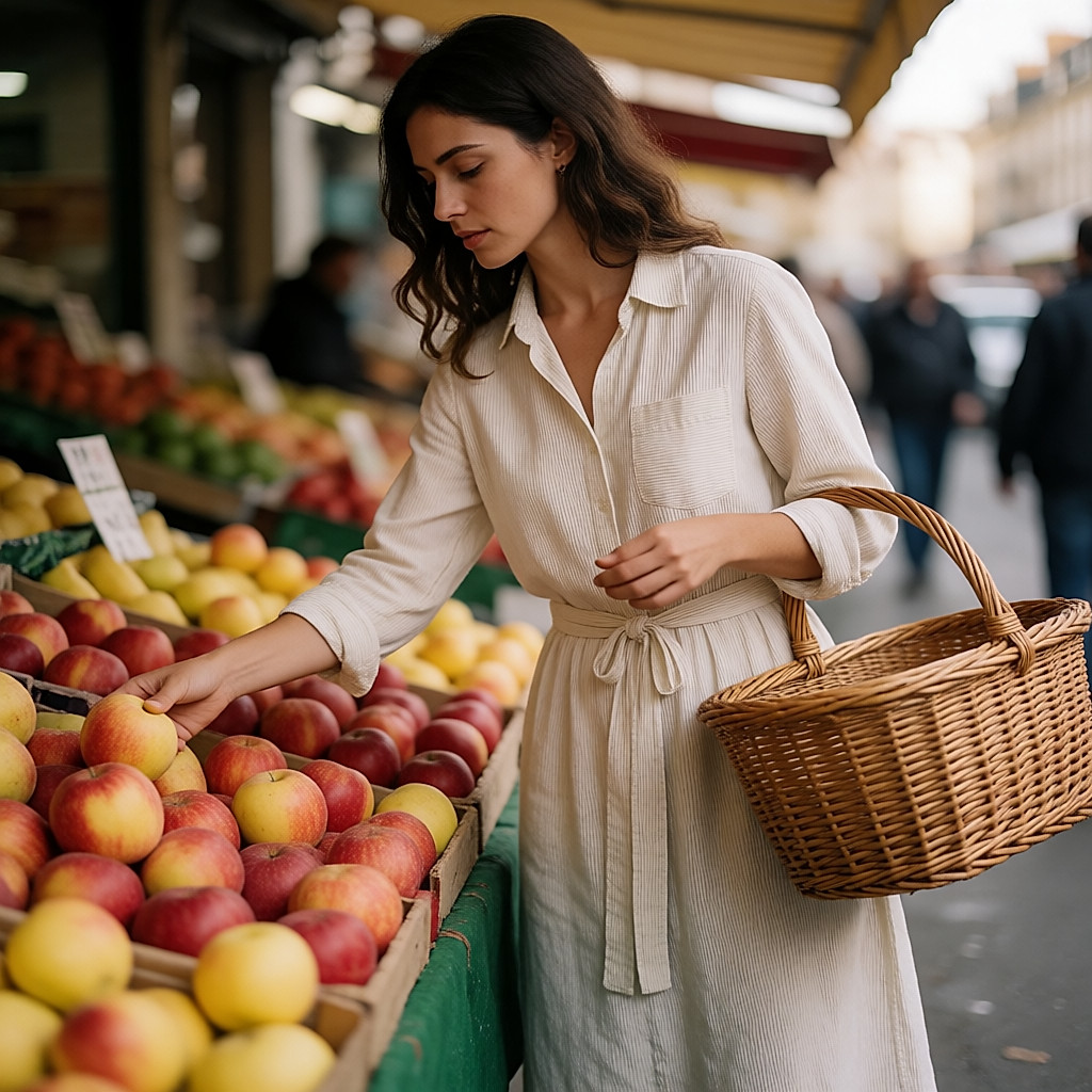 Junge Frau in einem Kleid aus Bio-Baumwolle, die auf einem Marktstand Äpfel auswählt, Korb am Arm