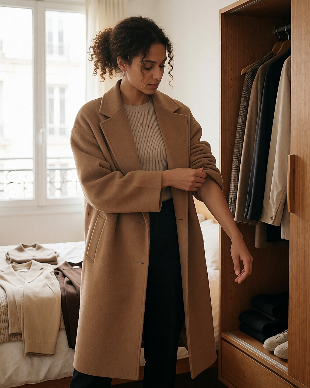 Jeune femme en manteau de laine de seconde main examinant la couture d'une manche devant une armoire ouverte