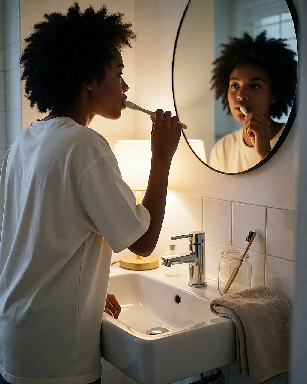 Mujer negra joven cepillándose los dientes por la noche frente al lavabo, con luz cálida