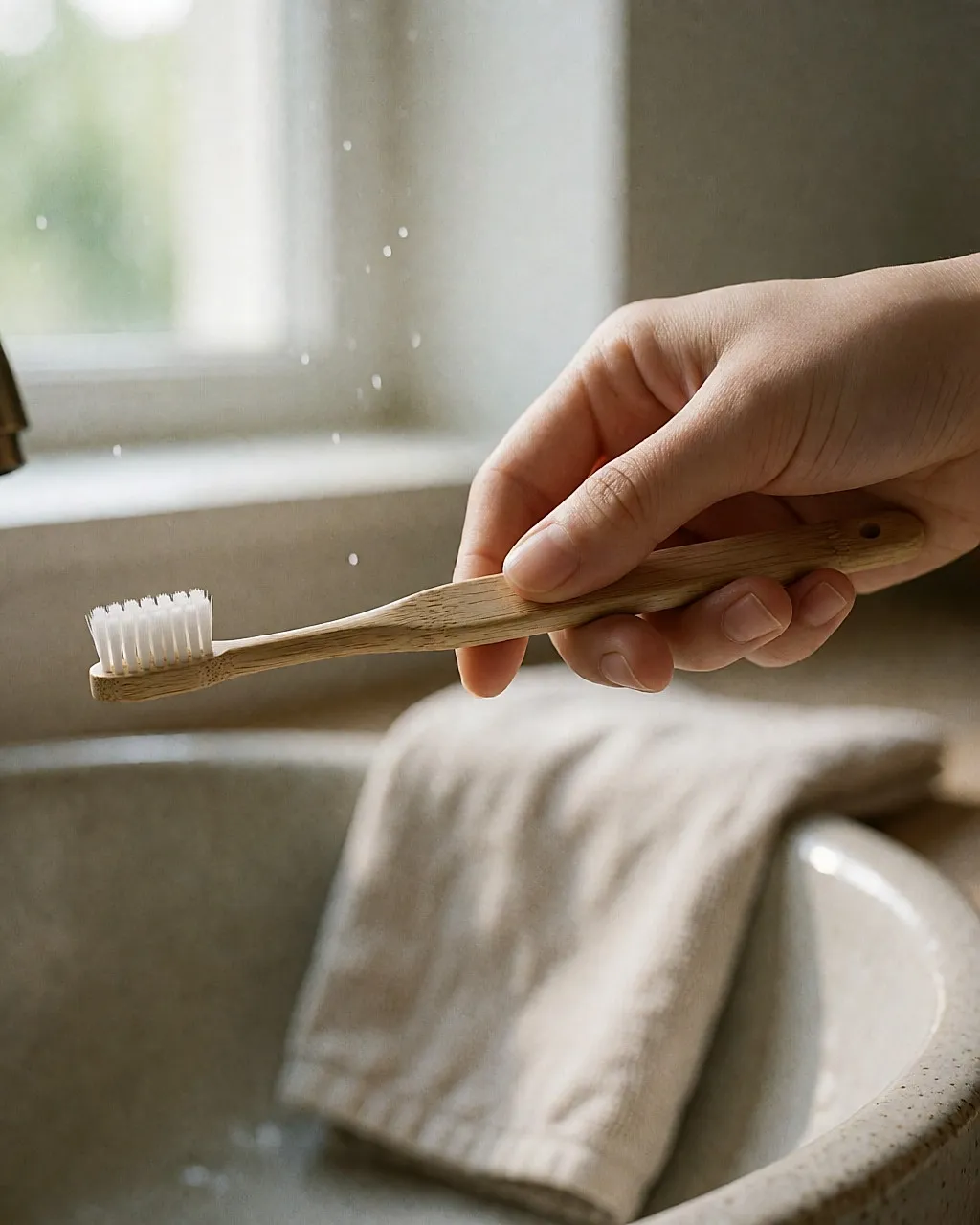 Mano sosteniendo un cepillo de dientes suave de bambú bajo un chorro de agua
