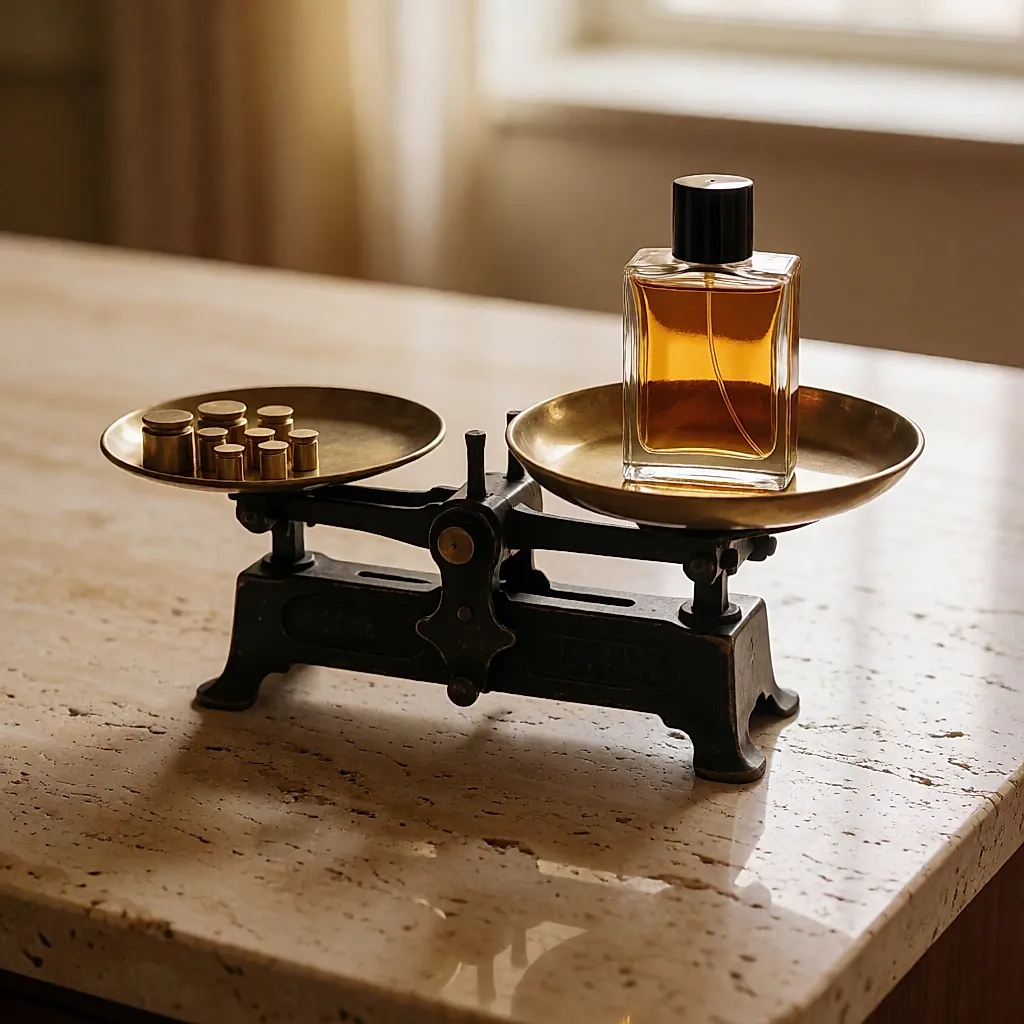 Un flacon d'extrait ambré posé sur une petite balance en laiton, dans une lumière naturelle