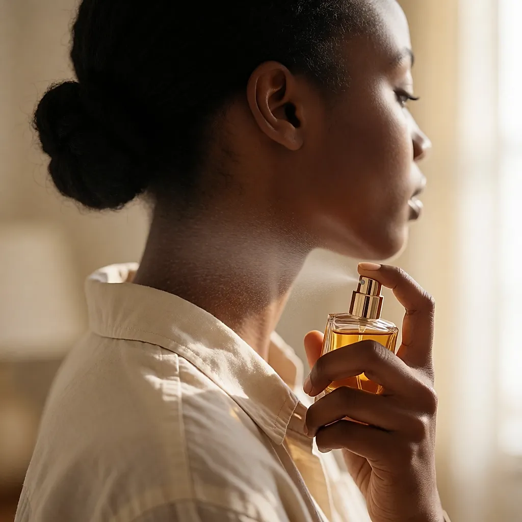 Une jeune femme noire vaporise une seule pression de parfum derrière l'oreille, vue de trois quarts arrière