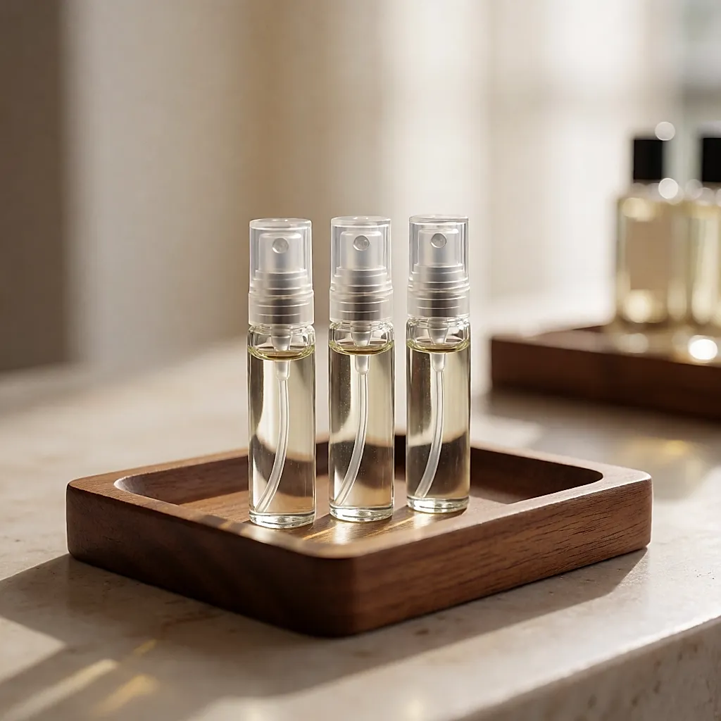 Trois miniatures de parfum de 2 ml alignées dans un petit plateau en bois, sur un comptoir de parfumerie
