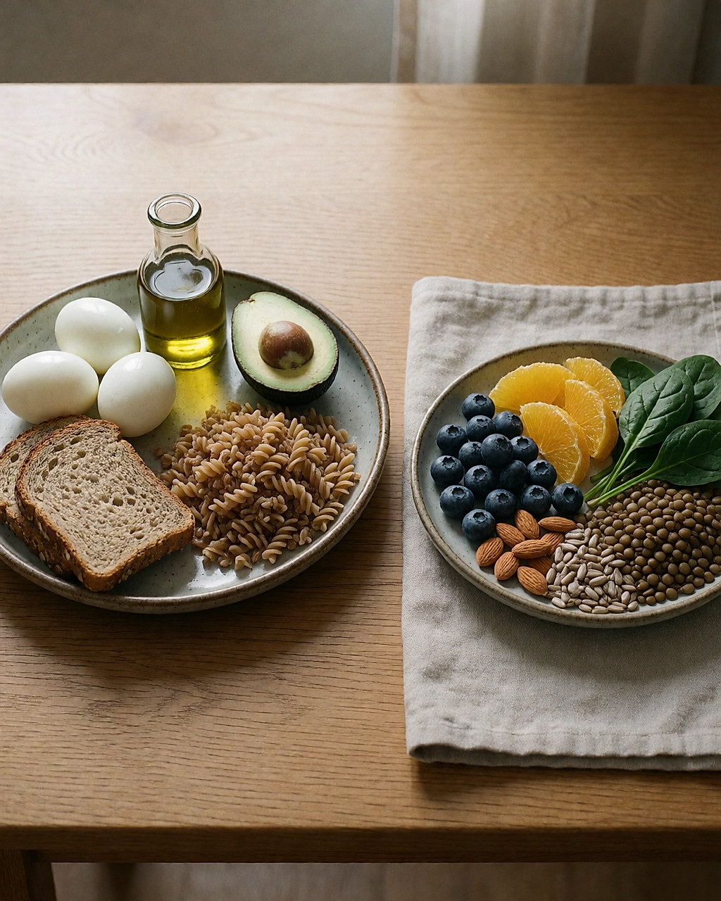 Deux assiettes comparées : sources de macronutriments d'un côté, aliments riches en vitamines et minéraux de l'autre
