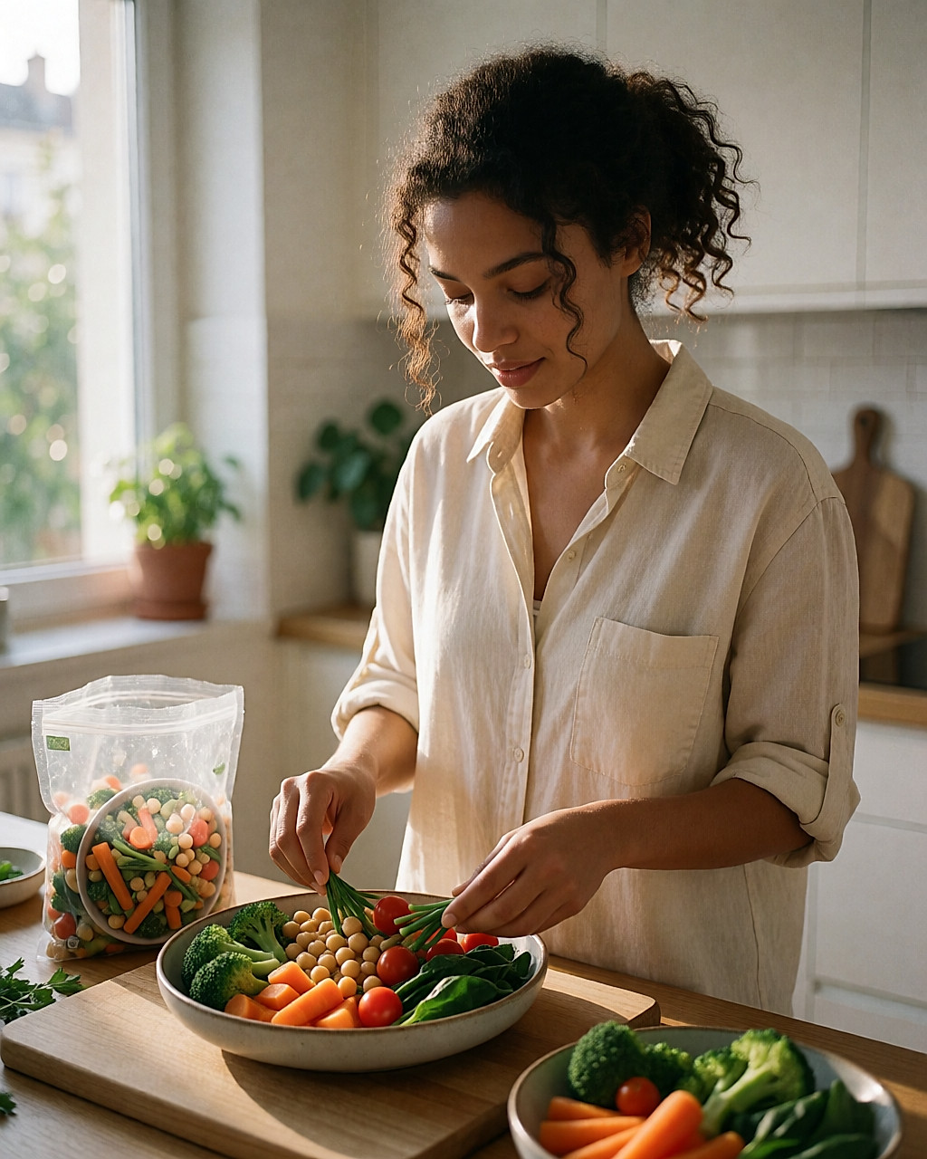 Jeune femme métissée préparant un bol de légumes variés dans une cuisine lumineuse