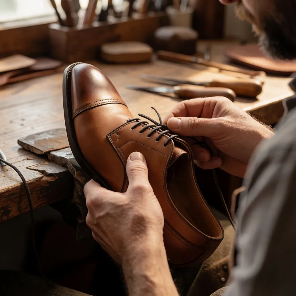 Hände eines Schuhmachers, der einen genähten Lederschuh auf einer Holzbank repariert