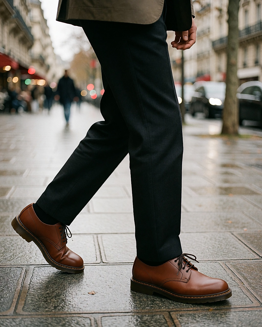Jambes d'une personne marchant sur un trottoir parisien, chaussures en cuir cousues cognac