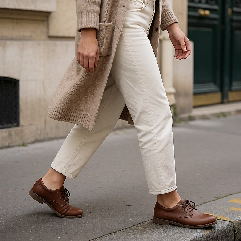 Beine einer Person auf einem Pariser Gehweg, genähte cognacfarbene Lederschuhe