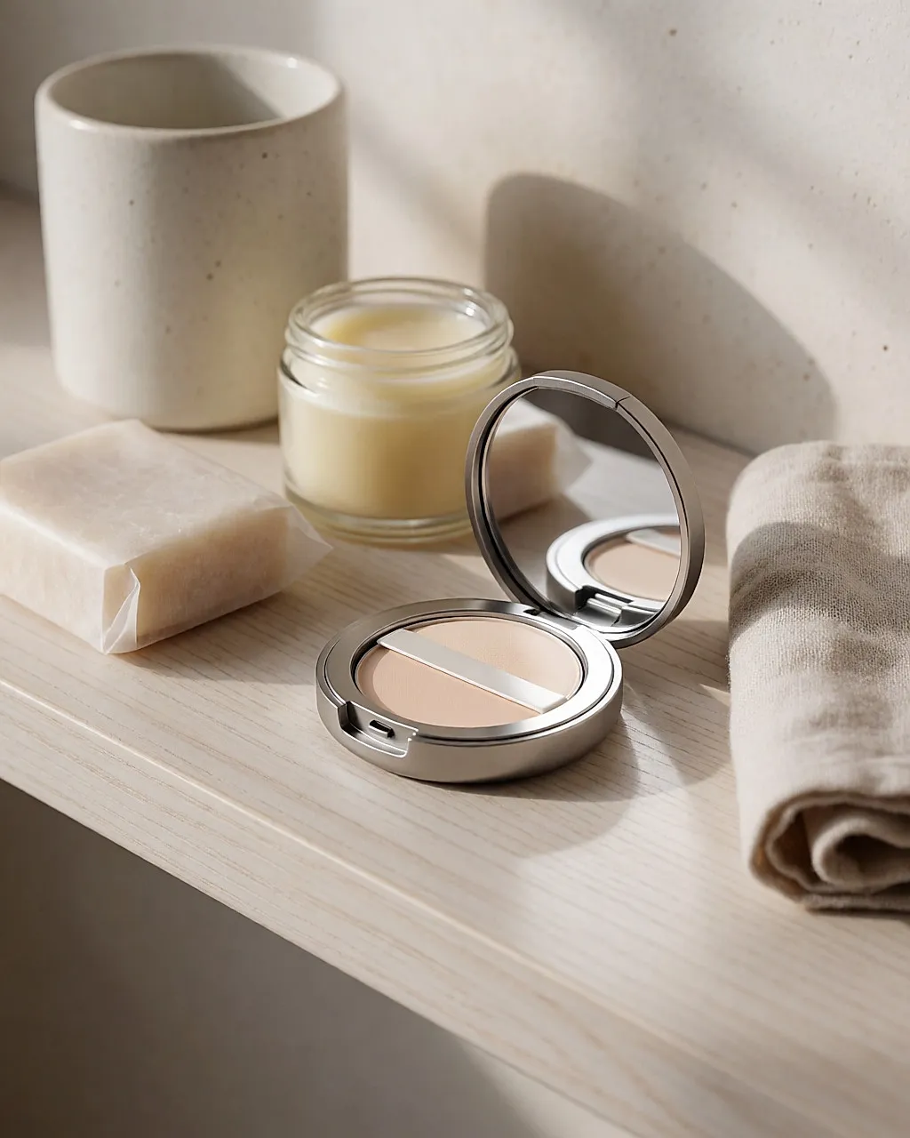 Geöffnetes nachfüllbares Metall-Etui für Make-up mit Puder-Nachfüllung auf einem hellen Regal