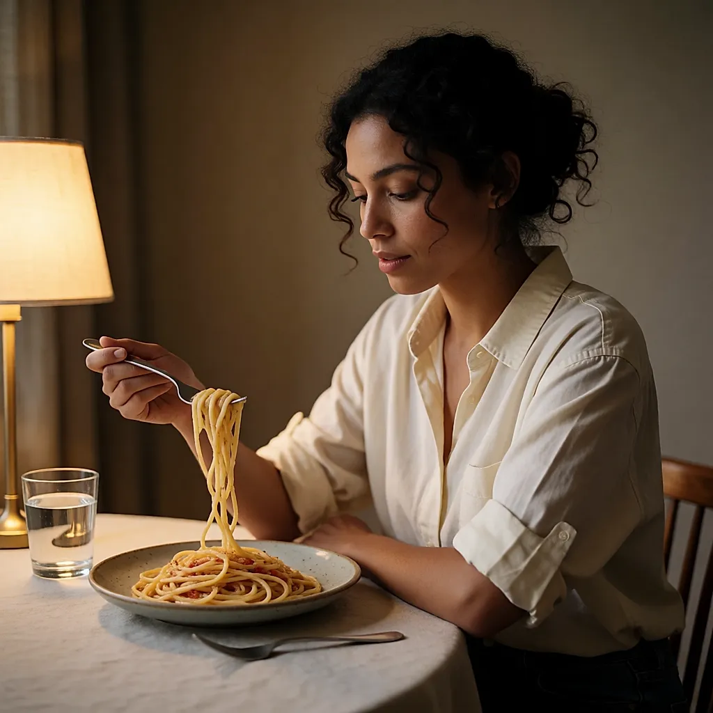 Frau hebt mit der Gabel Spaghetti über dem Teller – die Forking-Methode beim Abendessen
