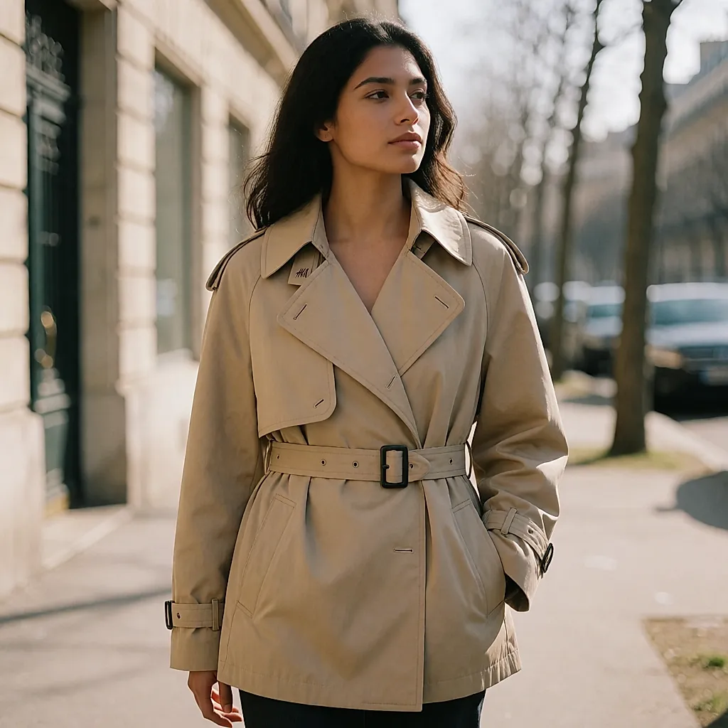 Mujer con trench corto beige H&M de cuello amplio y cinturón