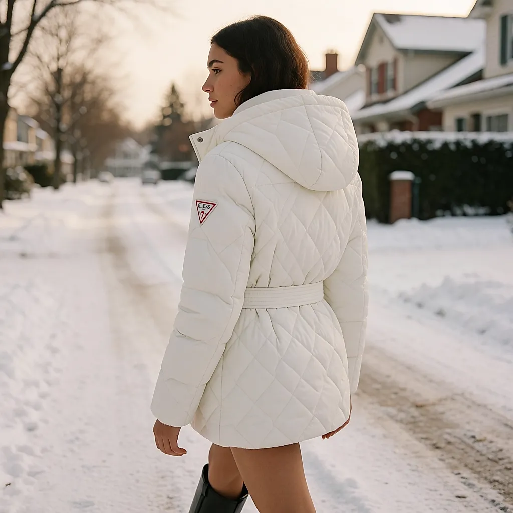 Plumífero blanco Guess con cinturón y capucha, visto de espaldas en una calle nevada