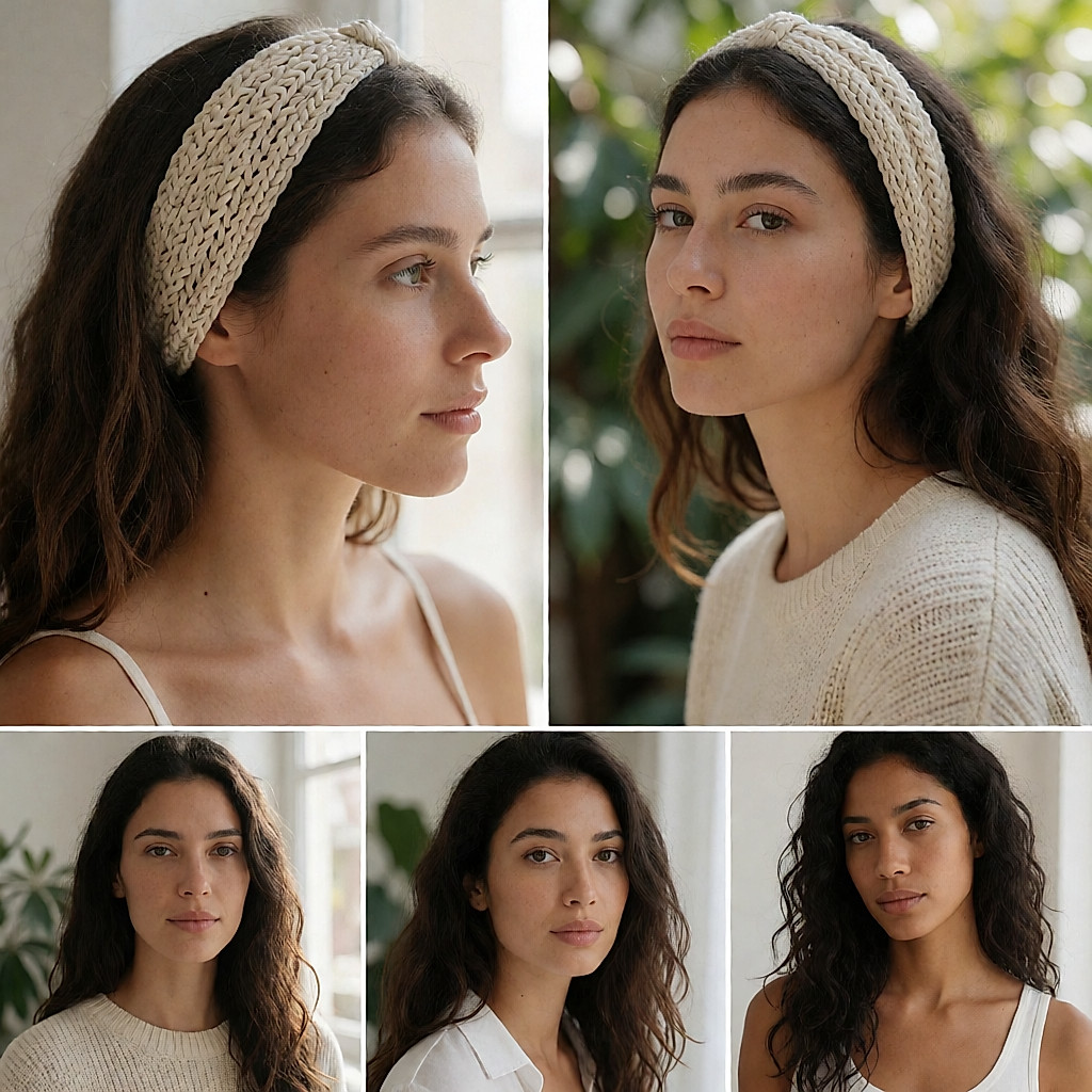 Vue de profil d'un bandeau tricoté en laine recyclée porté sur cheveux lâches