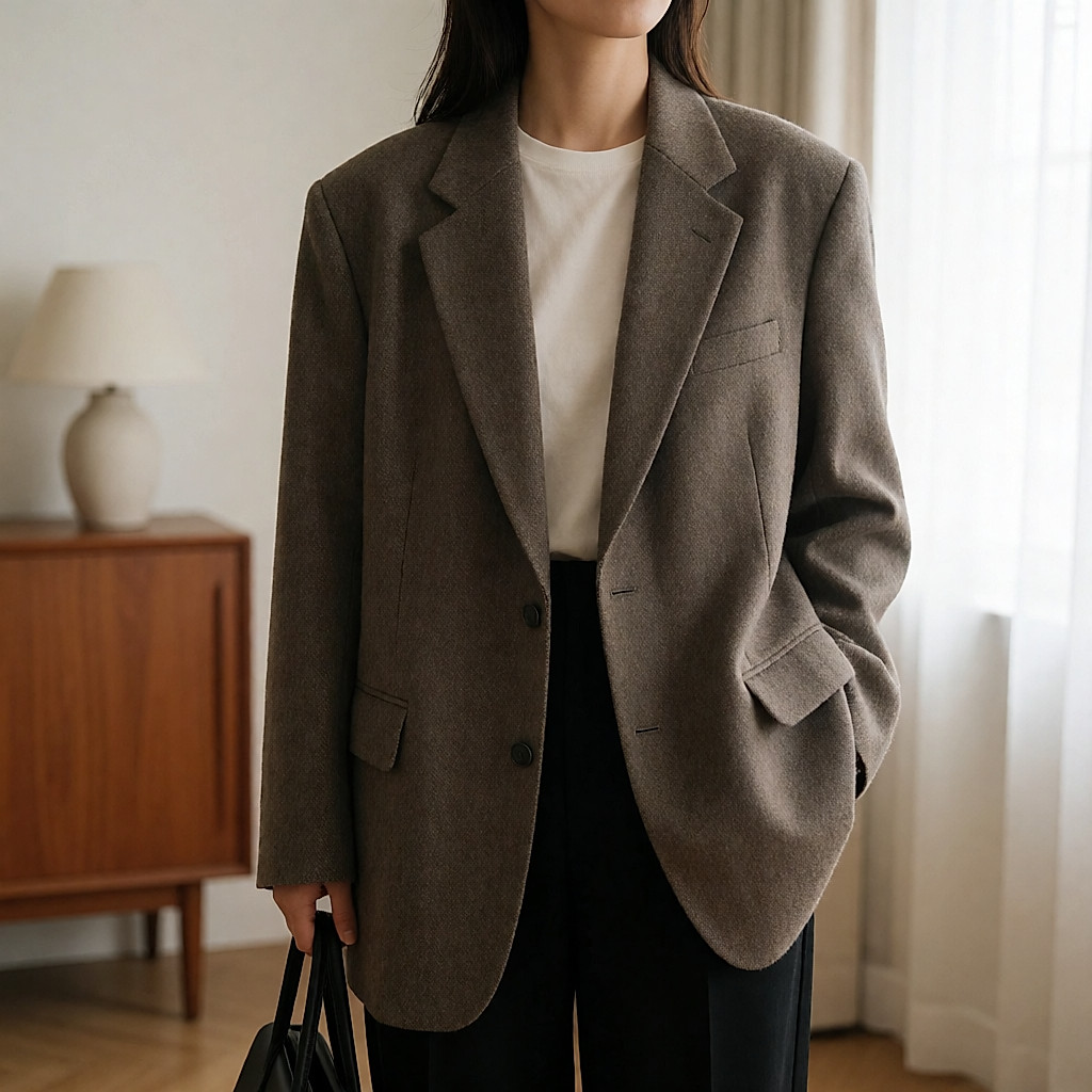 细皮革腰带搭配羊毛 oversize 西装外套