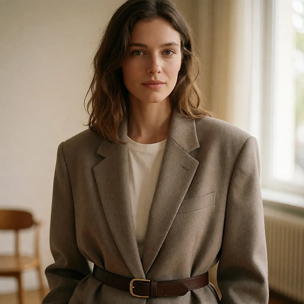 Cinto fino de couro usado sobre um blazer oversize de lã