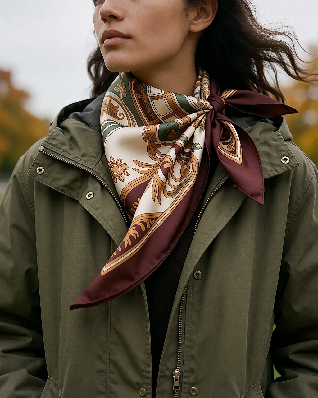 Carré de soie imprimé noué sur le côté du cou, porté sur une parka olive en extérieur