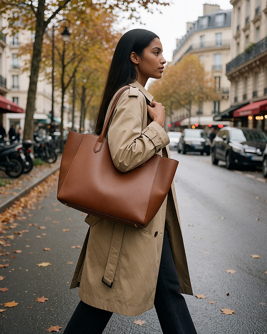 Jeune femme marchant en ville avec un grand cabas en cuir structuré porté à l'épaule
