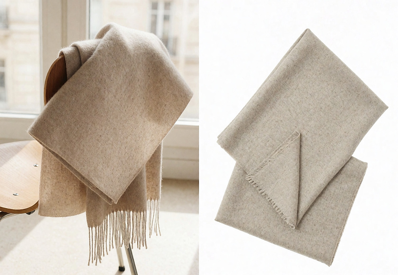 Châle en cachemire beige drapé sur le dossier d'une chaise en bois près d'une fenêtre