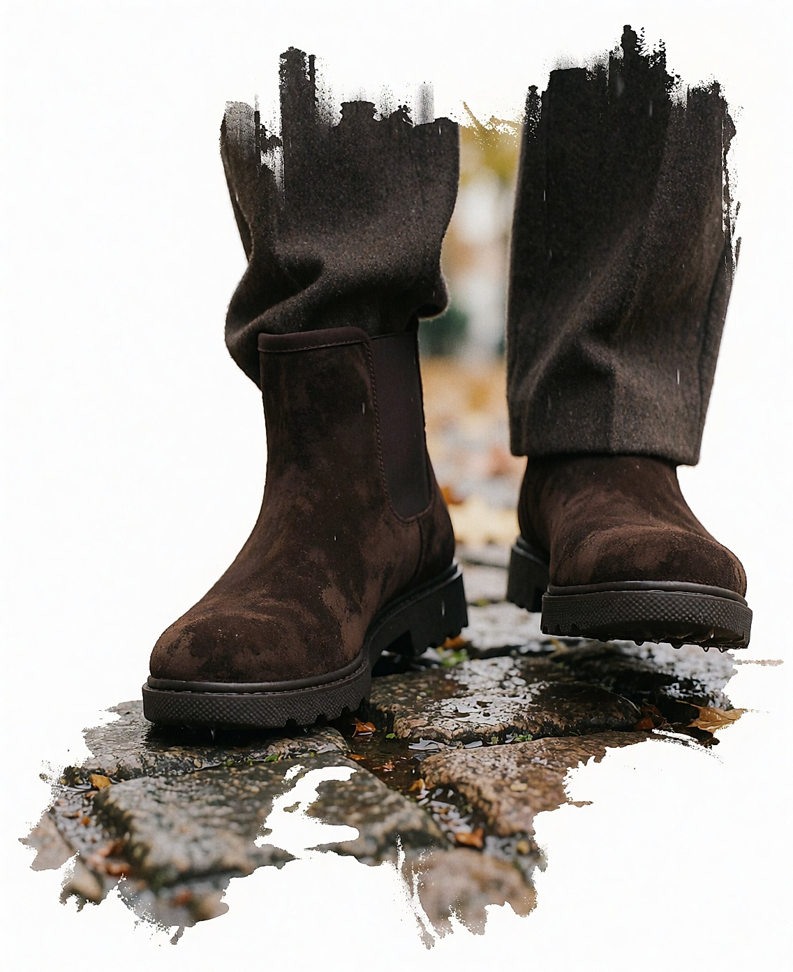 Bottines en daim déperlant à tige haute sur des pavés mouillés, vue rapprochée