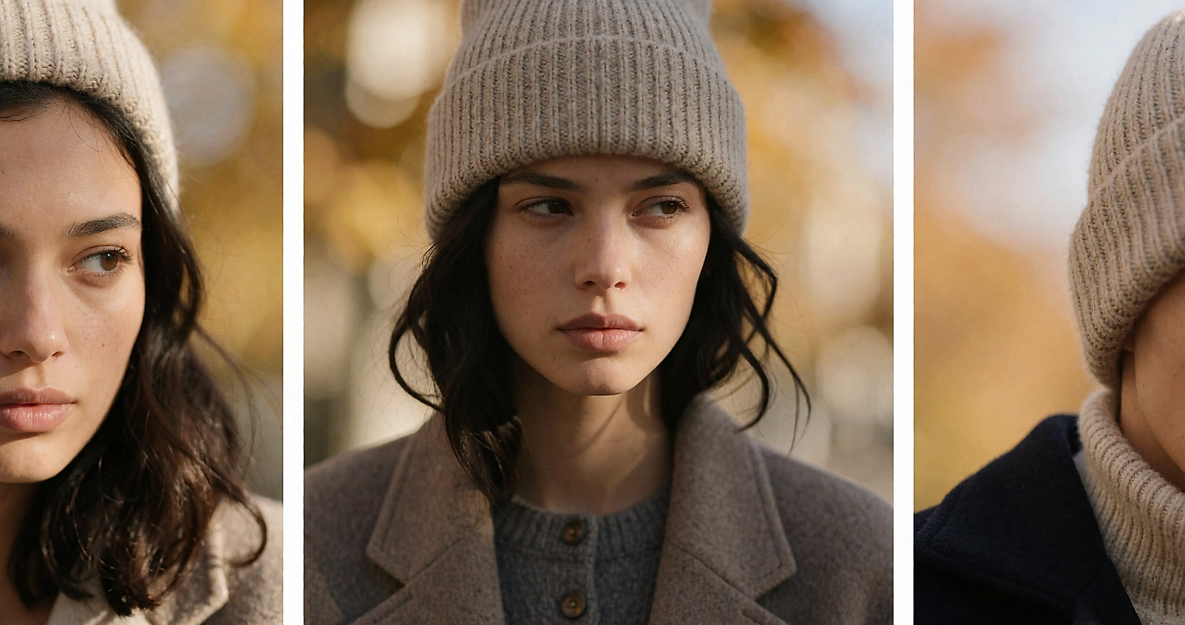 Jeune femme de profil portant un bonnet côtelé beige qui couvre les oreilles sans les serrer