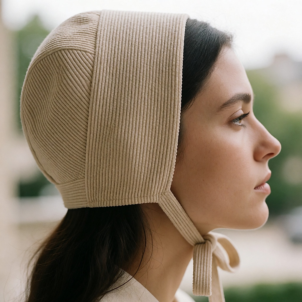 Mujer joven de perfil con un gorro de canalé beis que cubre las orejas sin apretarlas