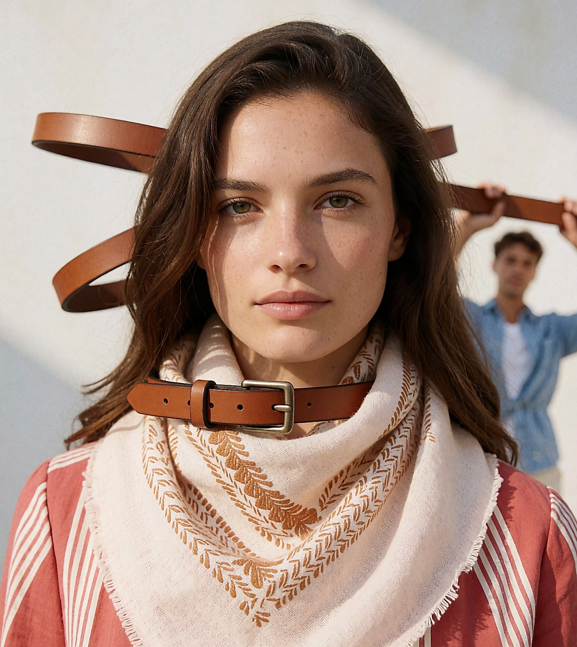 Petite boucle discrète et cuir souple d'une fine ceinture d'été posée sur du lin clair