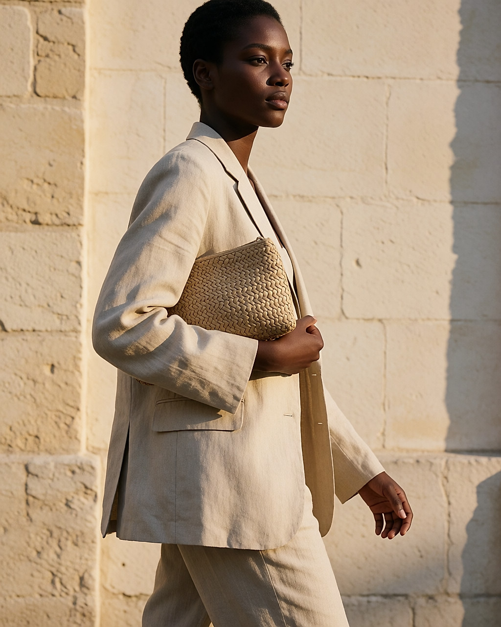 Femme en tailleur de lin portant une petite pochette tissée sous le bras, lumière du soir