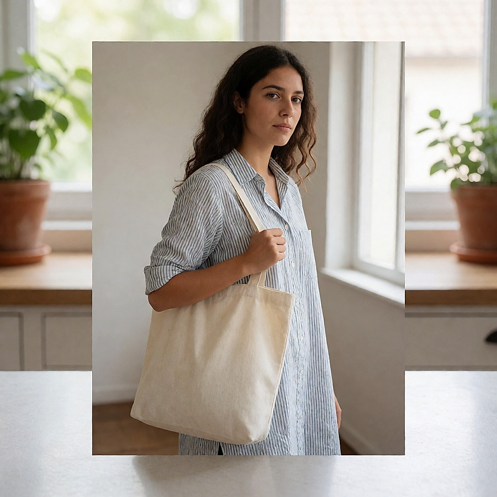 Junge Frau auf einem Sommermarkt mit einer Tasche aus recycelter Baumwolle auf der Schulter