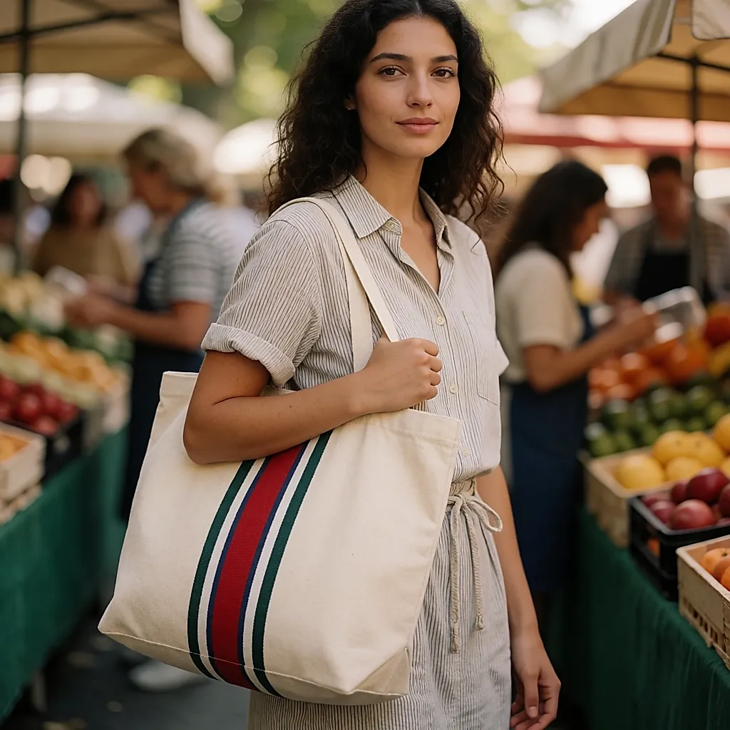 Mulher jovem num mercado de verão com um saco tote de algodão reciclado ao ombro