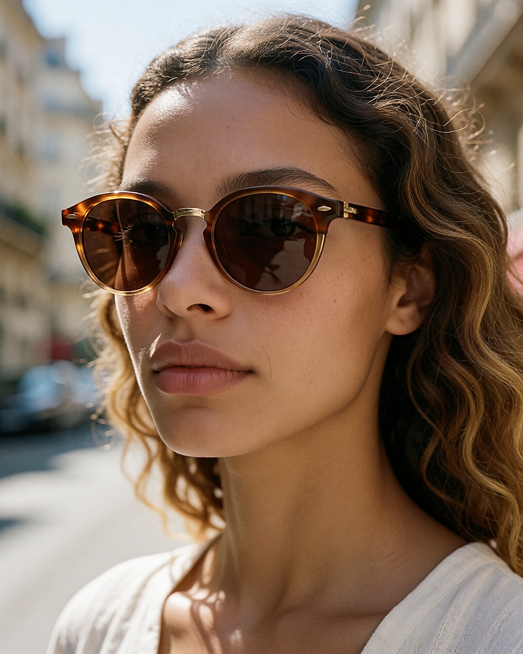 Jeune femme portant des lunettes de soleil rondes en acétate écaille, en pleine lumière d'été