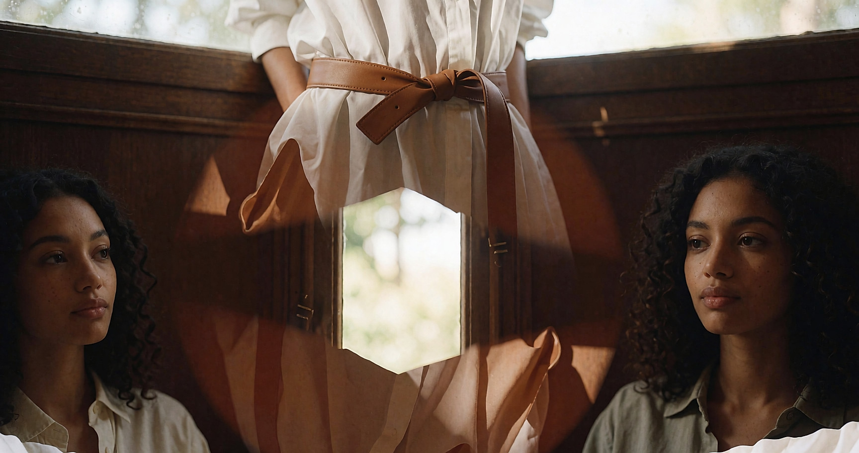 Ceinture en cuir caramel nouée sur une blouse blanche ample, vue de trois quarts