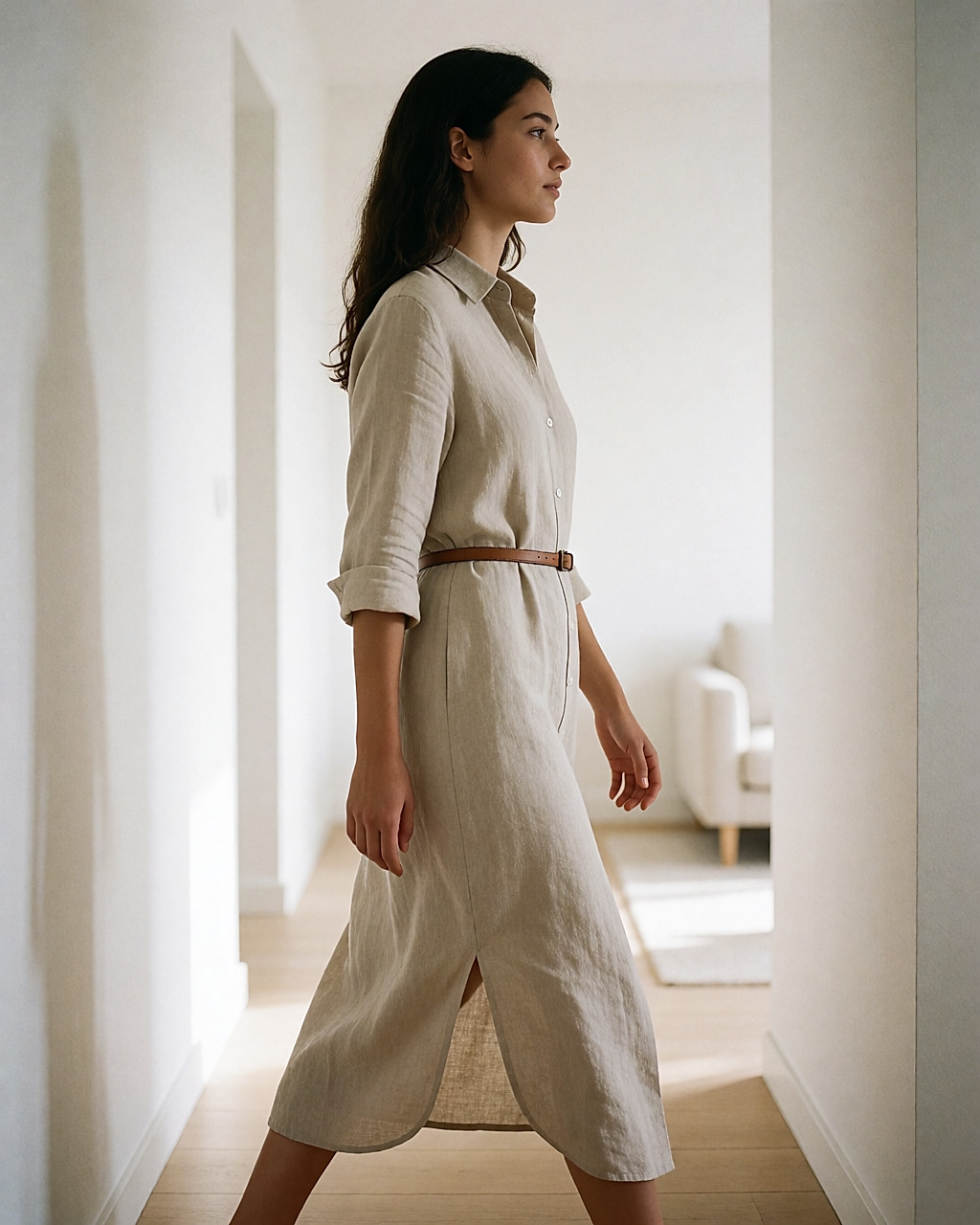 Silhouette entière en robe-chemise de lin beige marquée à la taille par une ceinture fine