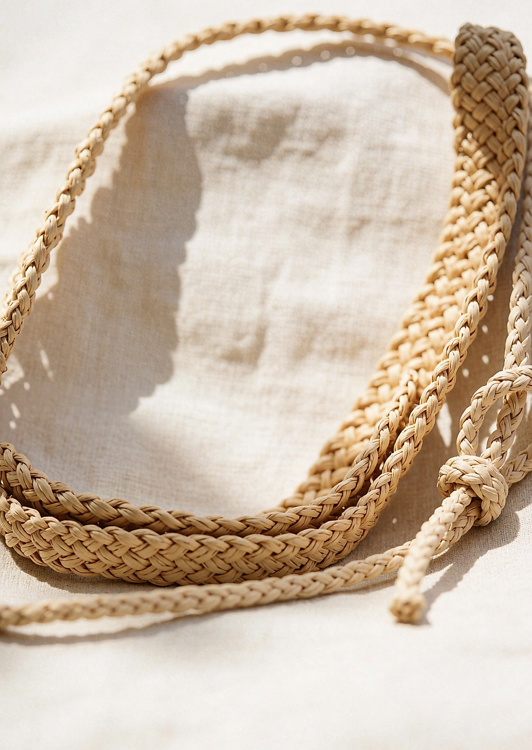 Ceintures en raphia tressé et corde nouée posées sur du lin naturel