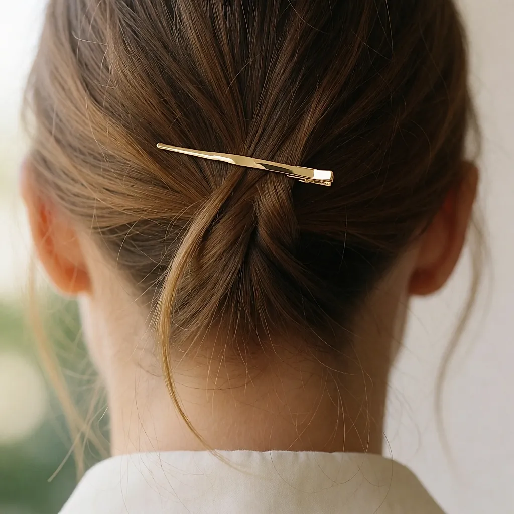Eine feine goldene Haarnadel hält eine Strähne über dem Nacken