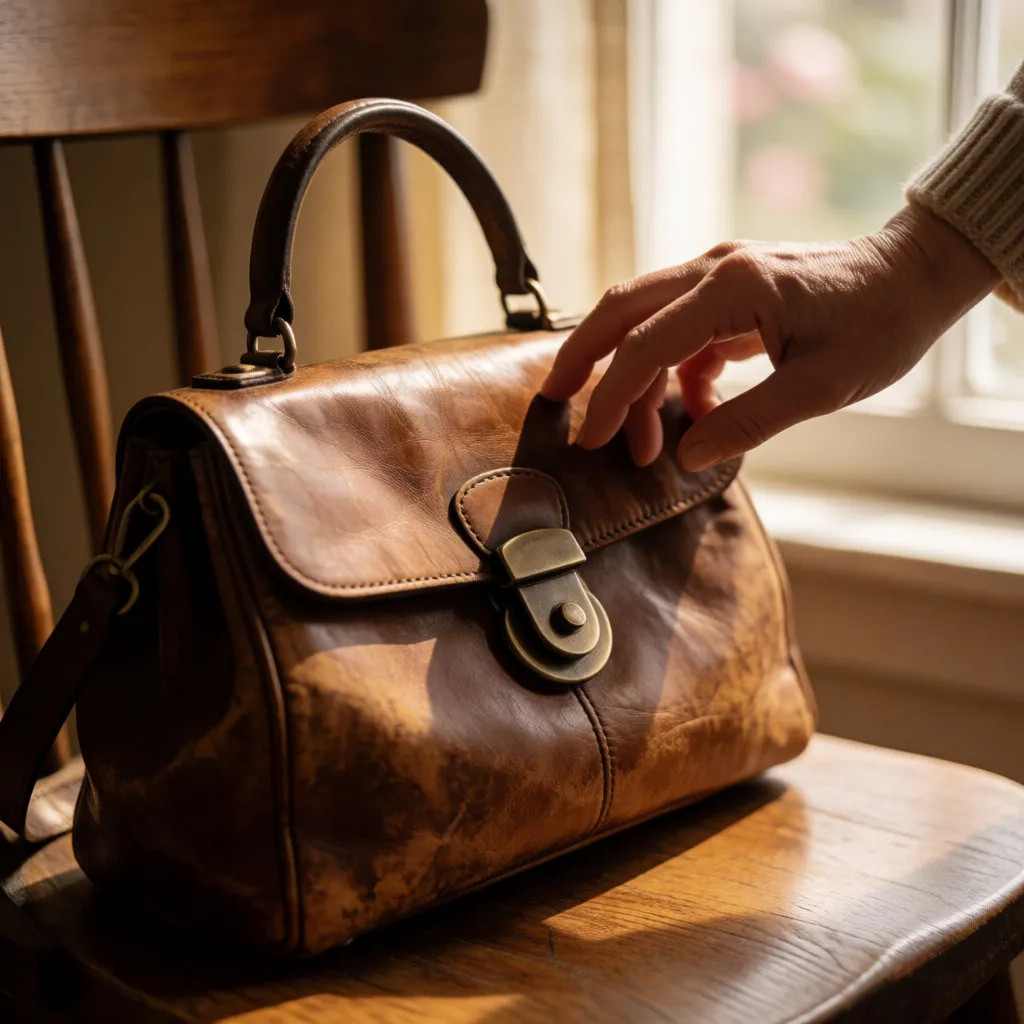 Gealterte Ledertasche mit großem Metallverschluss auf einem Stuhl, Hand einer erwachsenen Frau