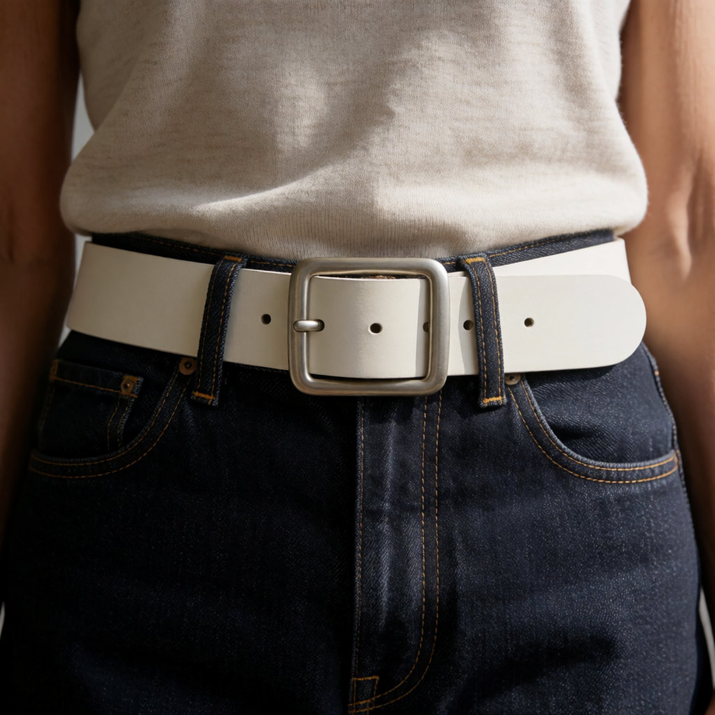 Ceinture large blanc cassé à boucle carrée portée sur un jean brut foncé