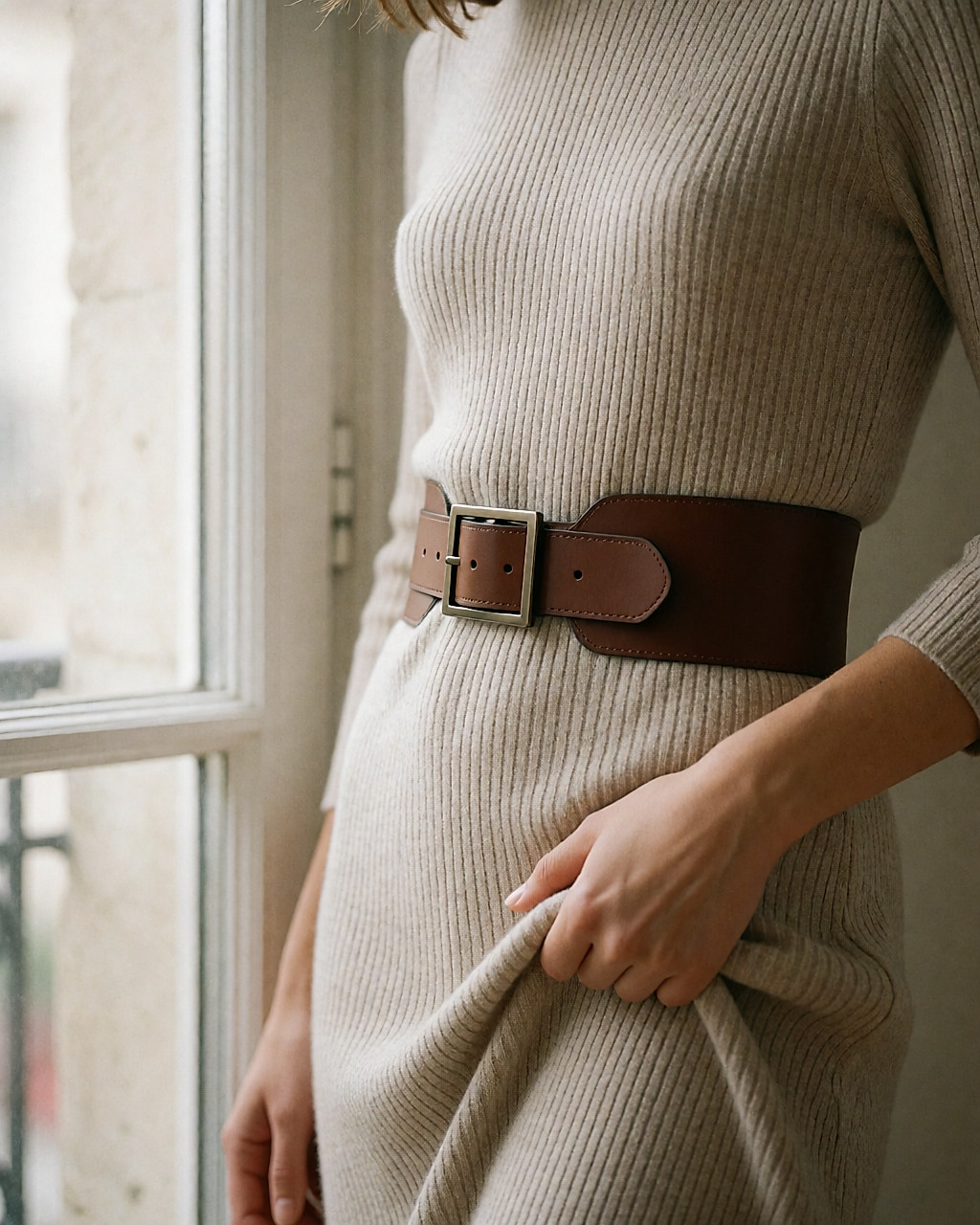 Plan taille sur une large ceinture en cuir brun resserrant une robe en maille claire