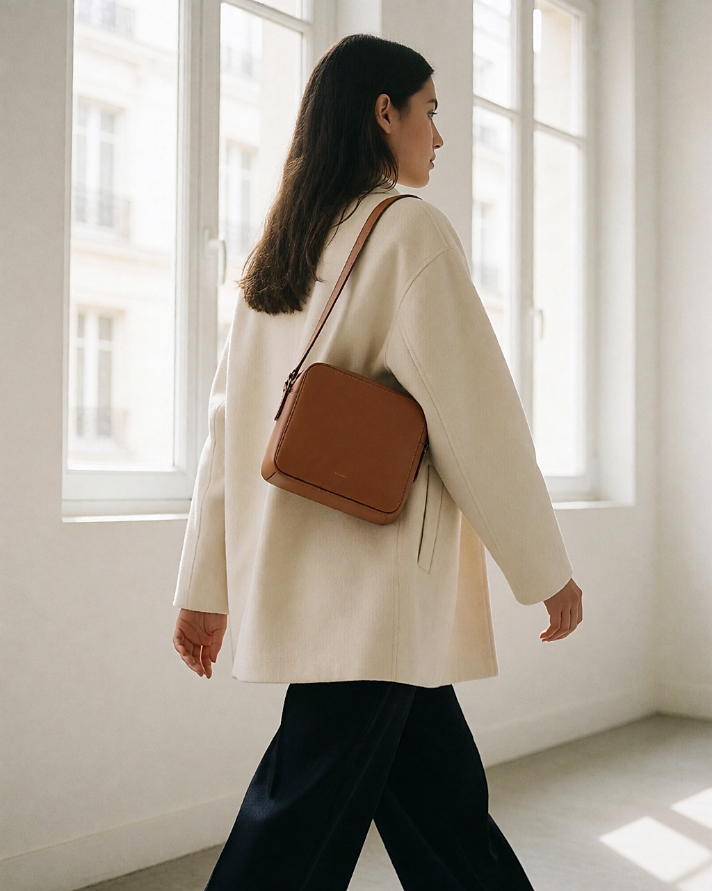Petit sac structuré en cuir tan porté à l'épaule, vue de trois quarts dos dans un couloir clair