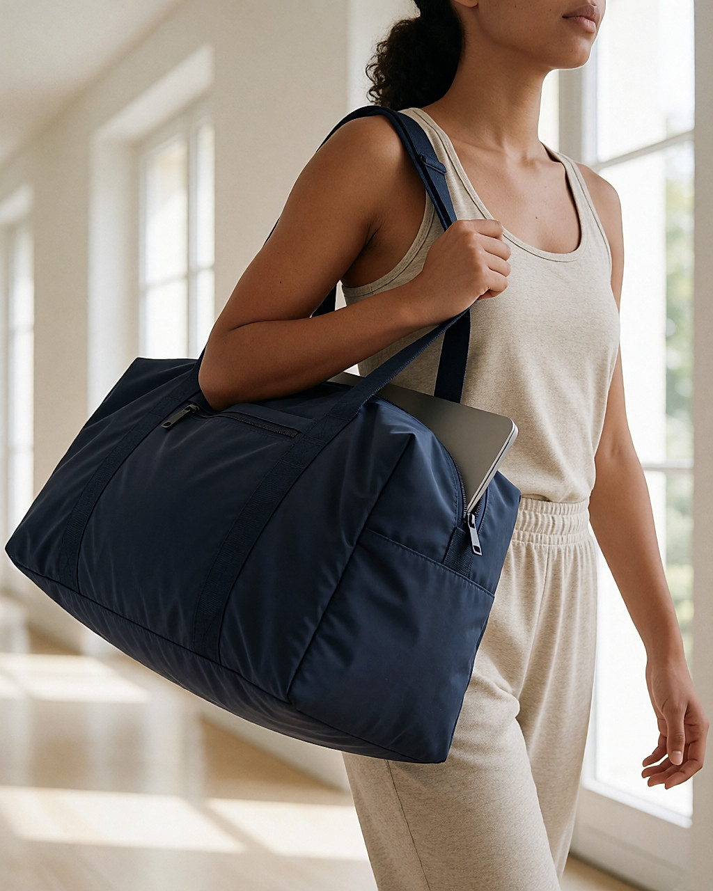 Sac de sport en nylon recyclé bleu marine porté à l'épaule dans un couloir lumineux