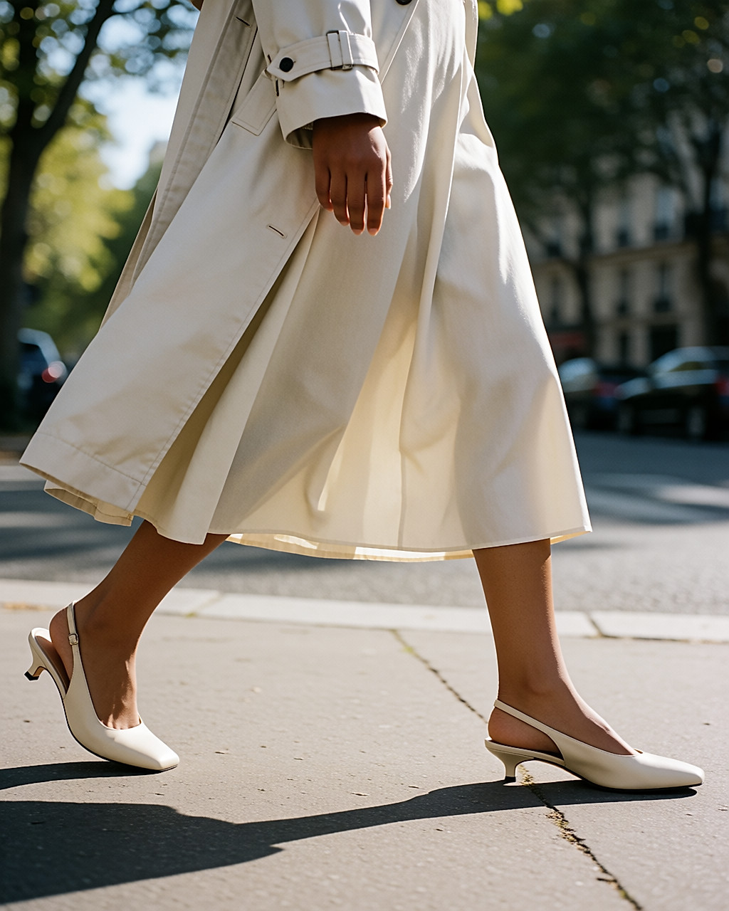 Jambes d'une jeune femme marchant en ville, slingbacks crème à petit talon et jupe midi fluide