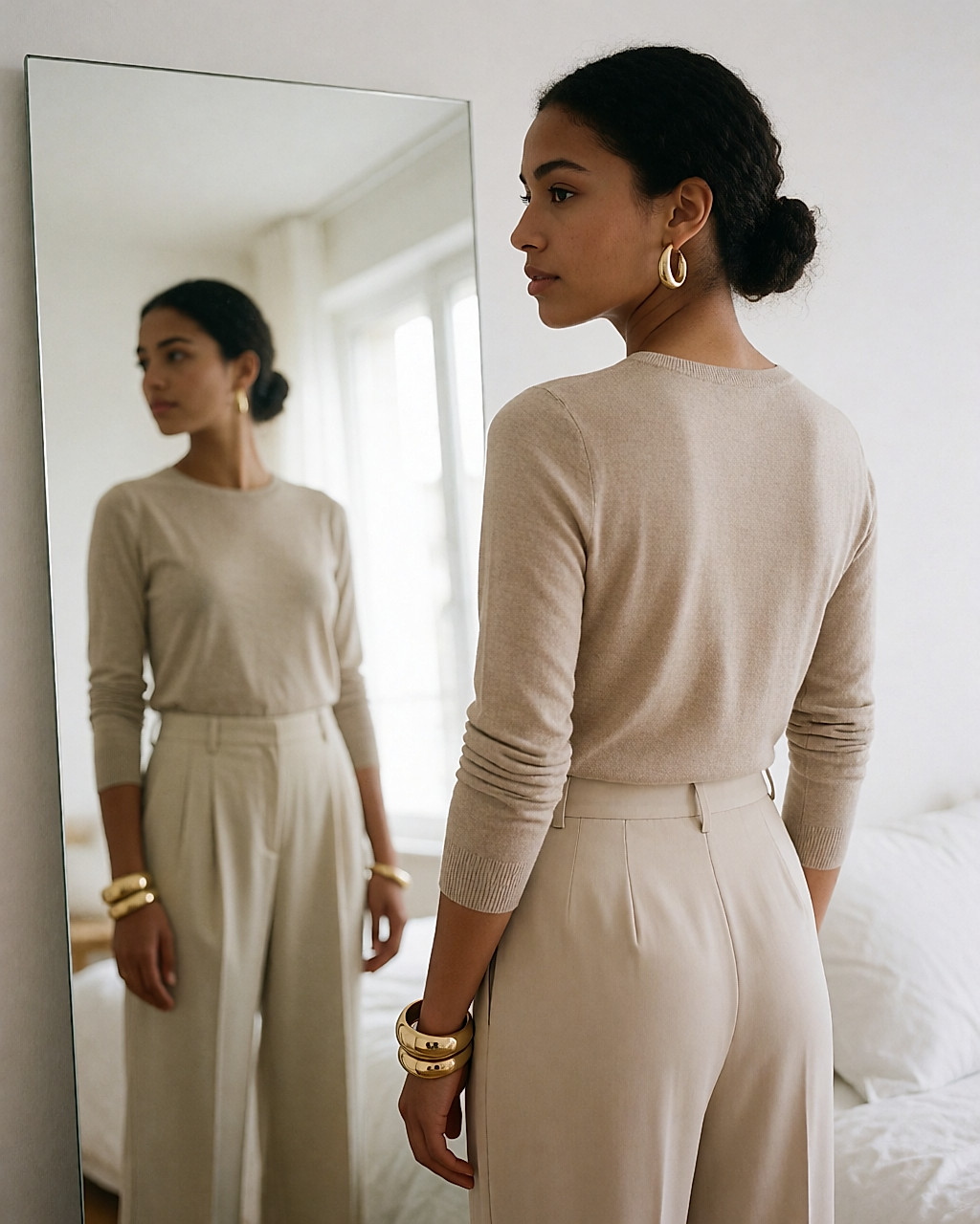 Jeune femme de dos devant un miroir, cheveux relevés, deux bracelets dorés et grandes créoles