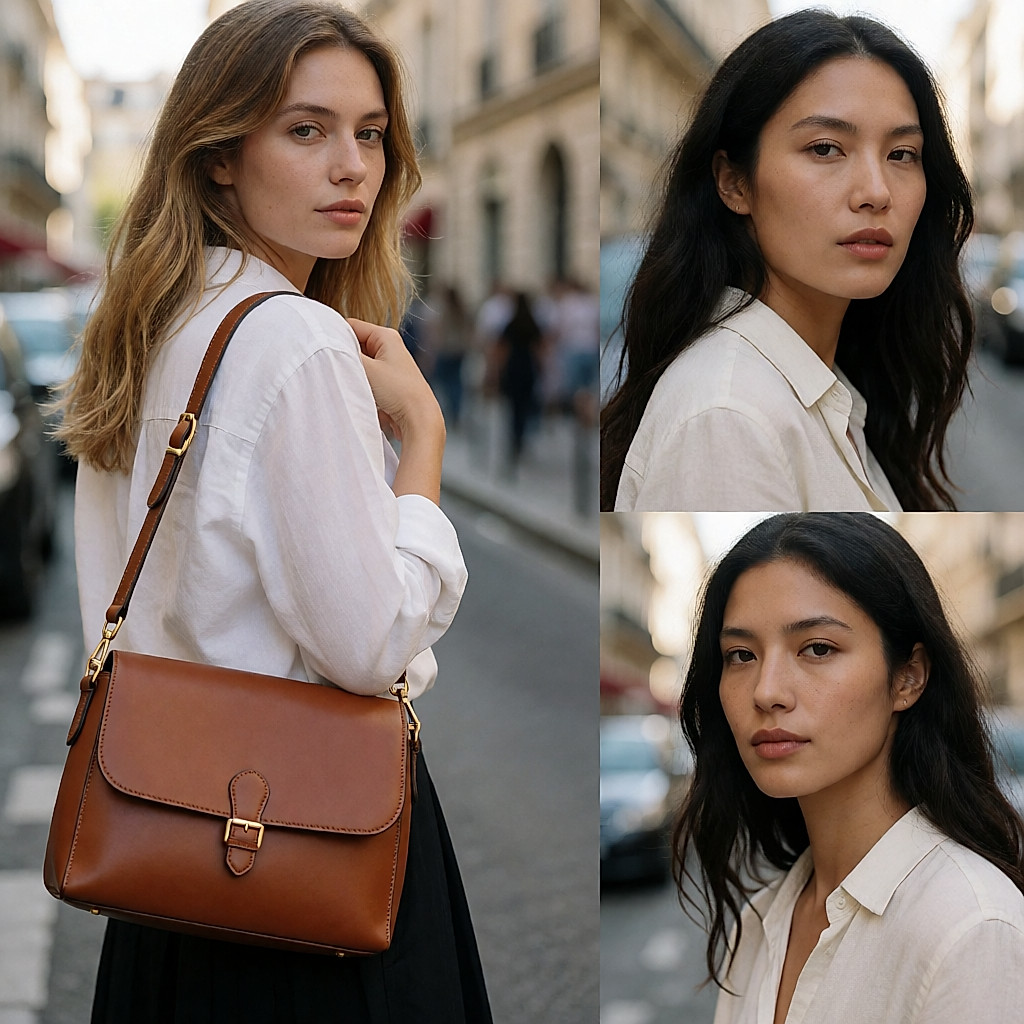 Grand cabas souple en cuir cognac porté à l'épaule, vu de dos dans la rue