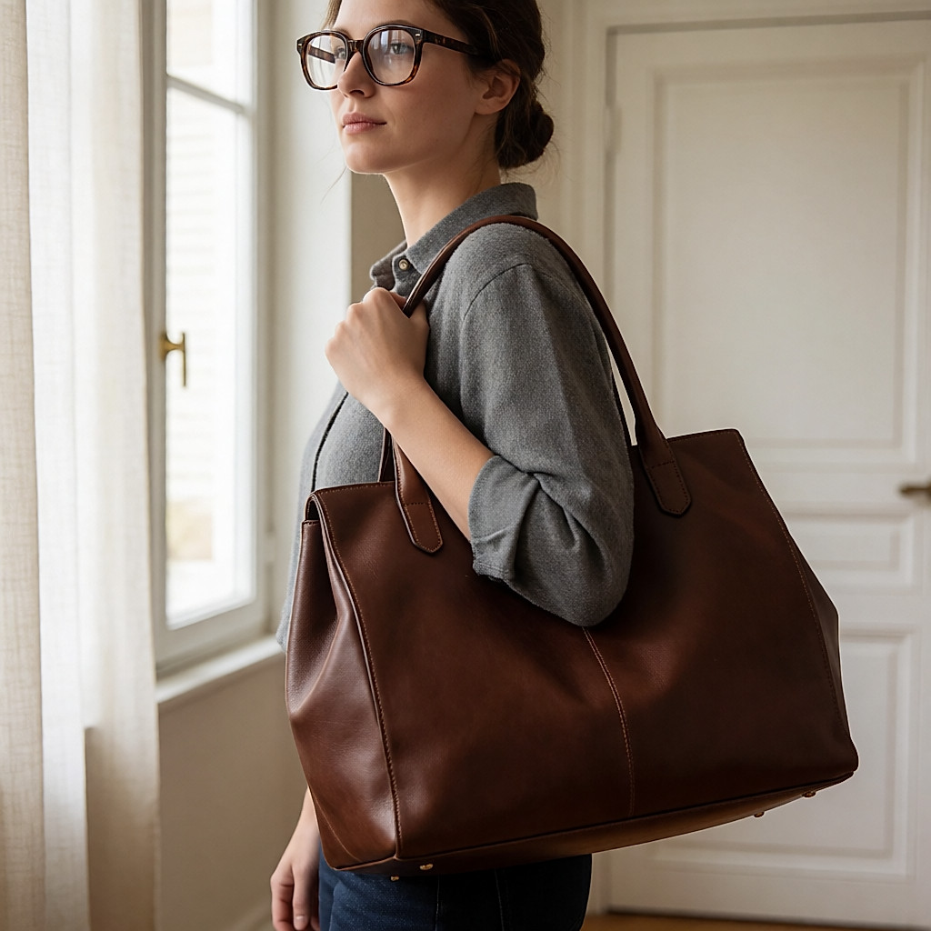 Junge Frau mit Oversize-Sonnenbrille und großem Leder-Shopper an der Schulter